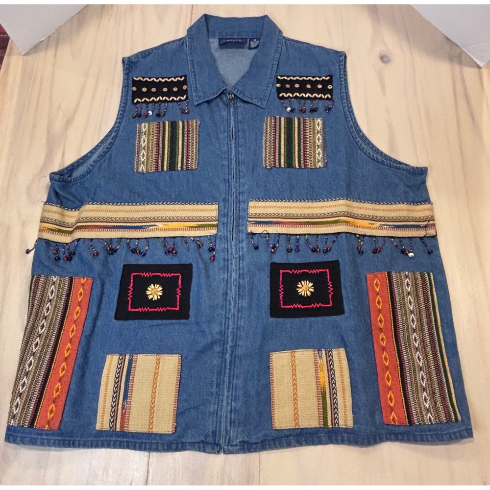 CST Blues Women's 80's Vintage 2X Denim‎ Vest Boho Patchwork Beaded Fringe Blue